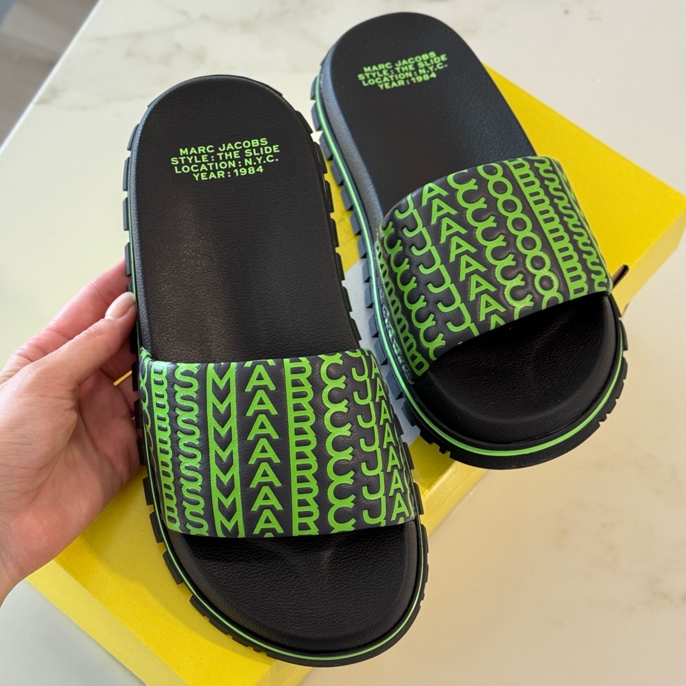 Marc Jacobs Slide Sandals - Black and Neon Green